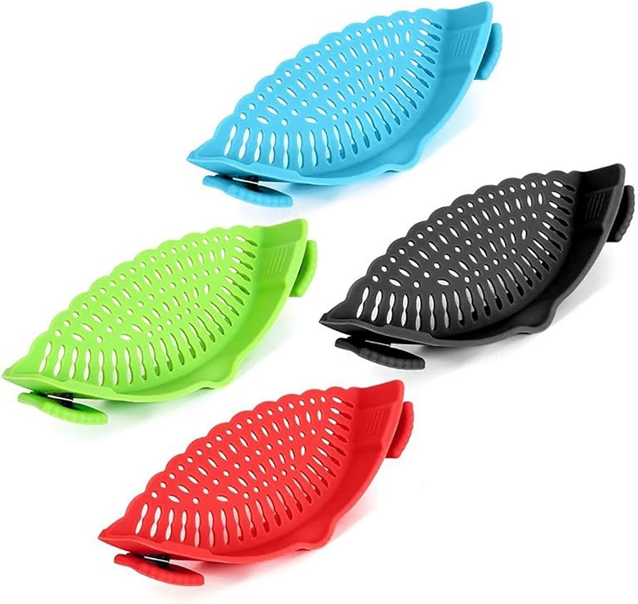 Problems Solved Snap Strainer clip-on silicone strainer for pots and pans, heat-resistant and hands-free kitchen tool.