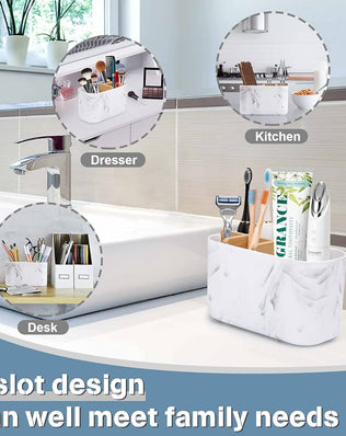 Problems Solved bamboo toothbrush holder for bathroom storage, featuring a natural wood caddy and space for multiple toothbrushes.