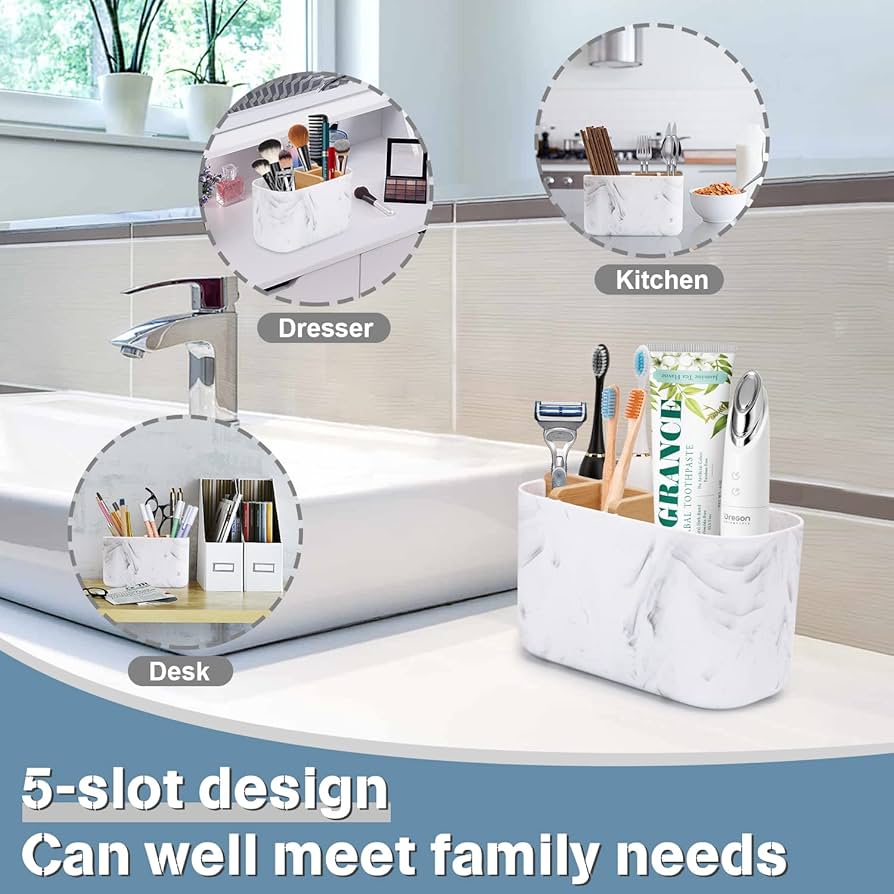 Problems Solved bamboo toothbrush holder for bathroom storage, featuring a natural wood caddy and space for multiple toothbrushes.