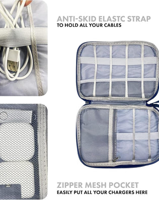 Problems Solved cable bag and organizer with multiple compartments for electronic accessories, ideal for travel and electronics organization.
