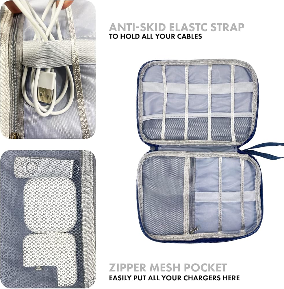 Problems Solved cable bag and organizer with multiple compartments for electronic accessories, ideal for travel and electronics organization.