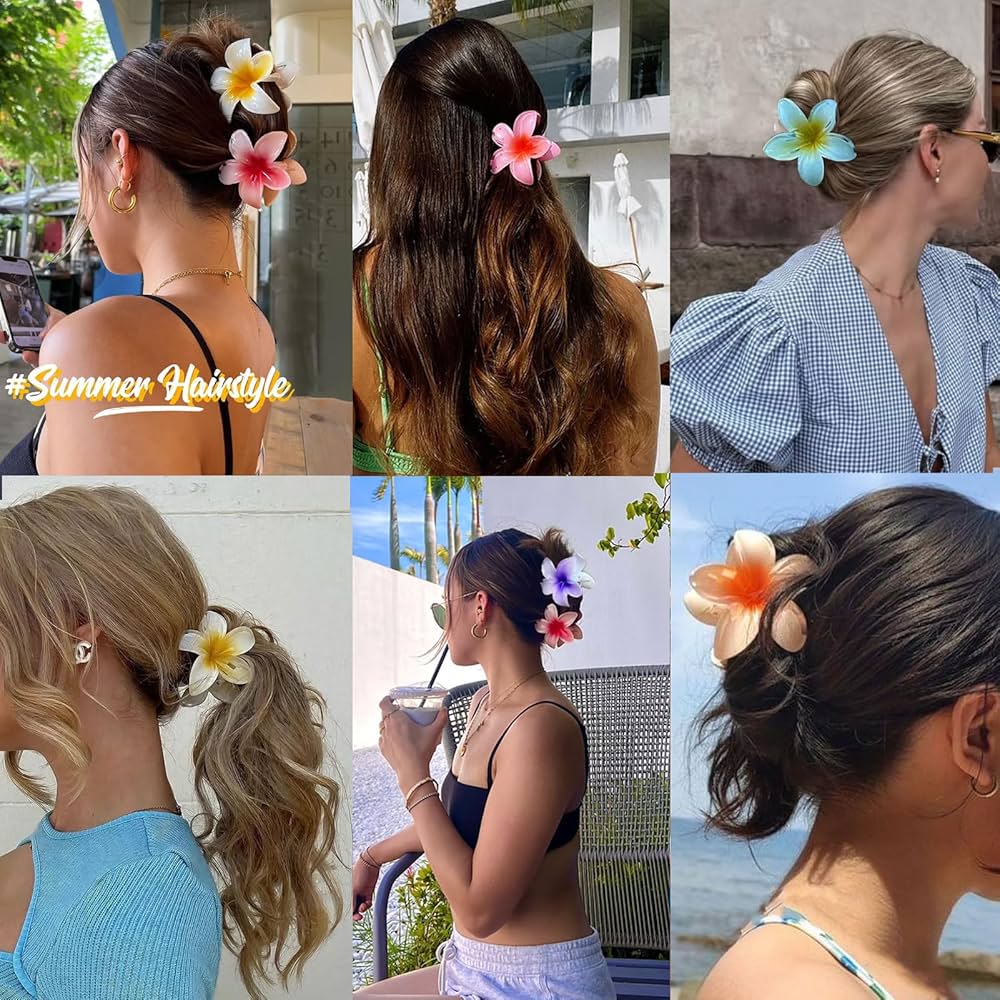 6 pcs Color Flower Hair Clips, 3.14 inches Large Hawaiian Flower Claw Clip for Women