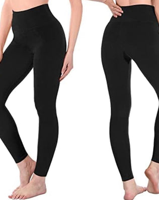 Problems Solved high waisted women's leggings in soft elastic fabric, featuring tummy control in a 2-pack, shown in black and gray.