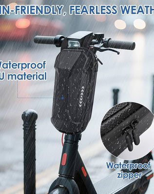 Waterproof 3L electric scooter bag by Problems Solved attached to scooter handle, showing durable, weather-resistant material.