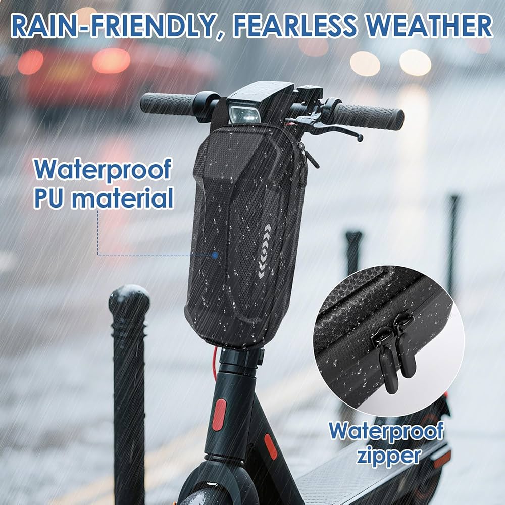 Waterproof 3L electric scooter bag by Problems Solved attached to scooter handle, showing durable, weather-resistant material.
