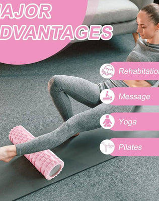 Problems Solved pink Pilates foam roller with yoga column and fascia roller for muscle relief and flexibility exercises