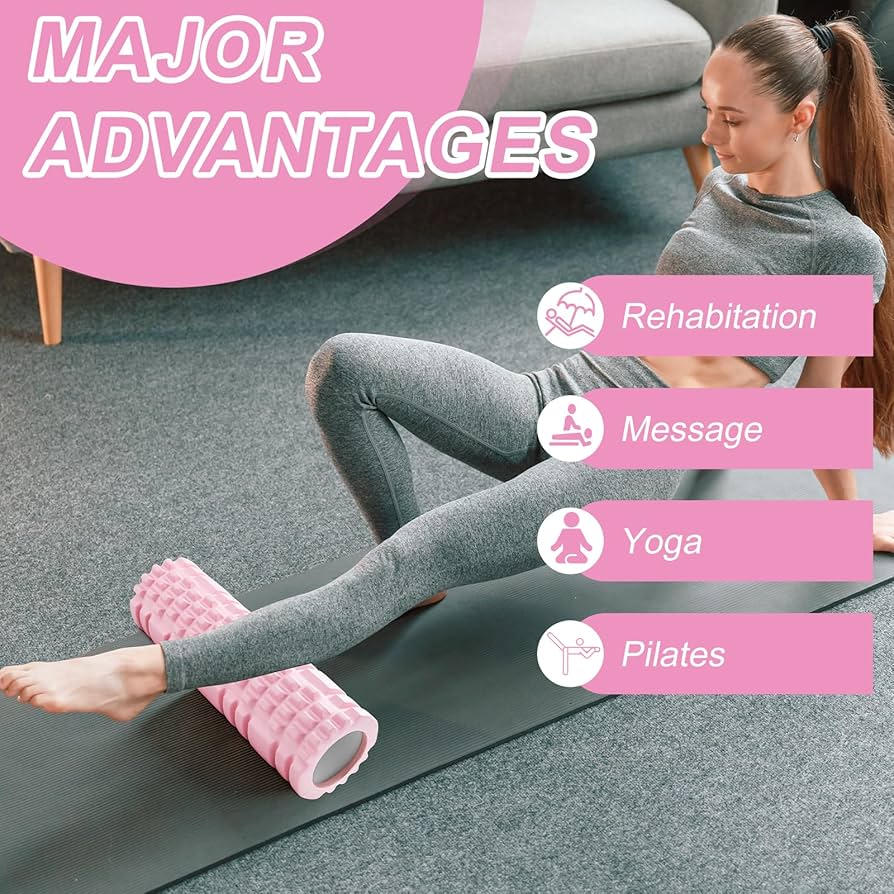 Problems Solved pink Pilates foam roller with yoga column and fascia roller for muscle relief and flexibility exercises