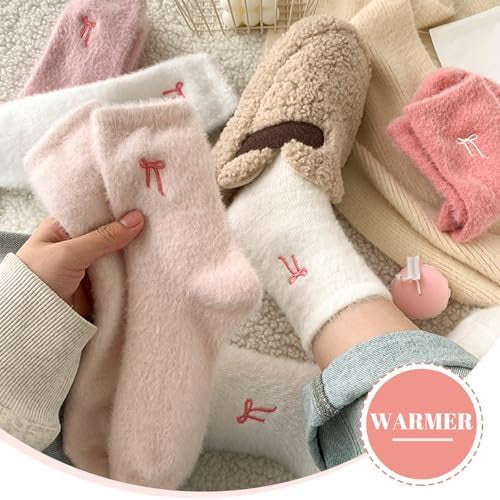 5 Pairs Soft Warm Socks for Women with Bow, Thick Winter Socks for Home