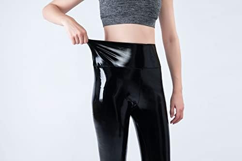 Women mirror faux patent leather leggings by Problems Solved, featuring a reflective shiny stretch finish and form-fitting design.