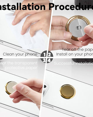Gold phone ring holder stand with finger grip and kickstand, compatible with phone cases and back of phones.