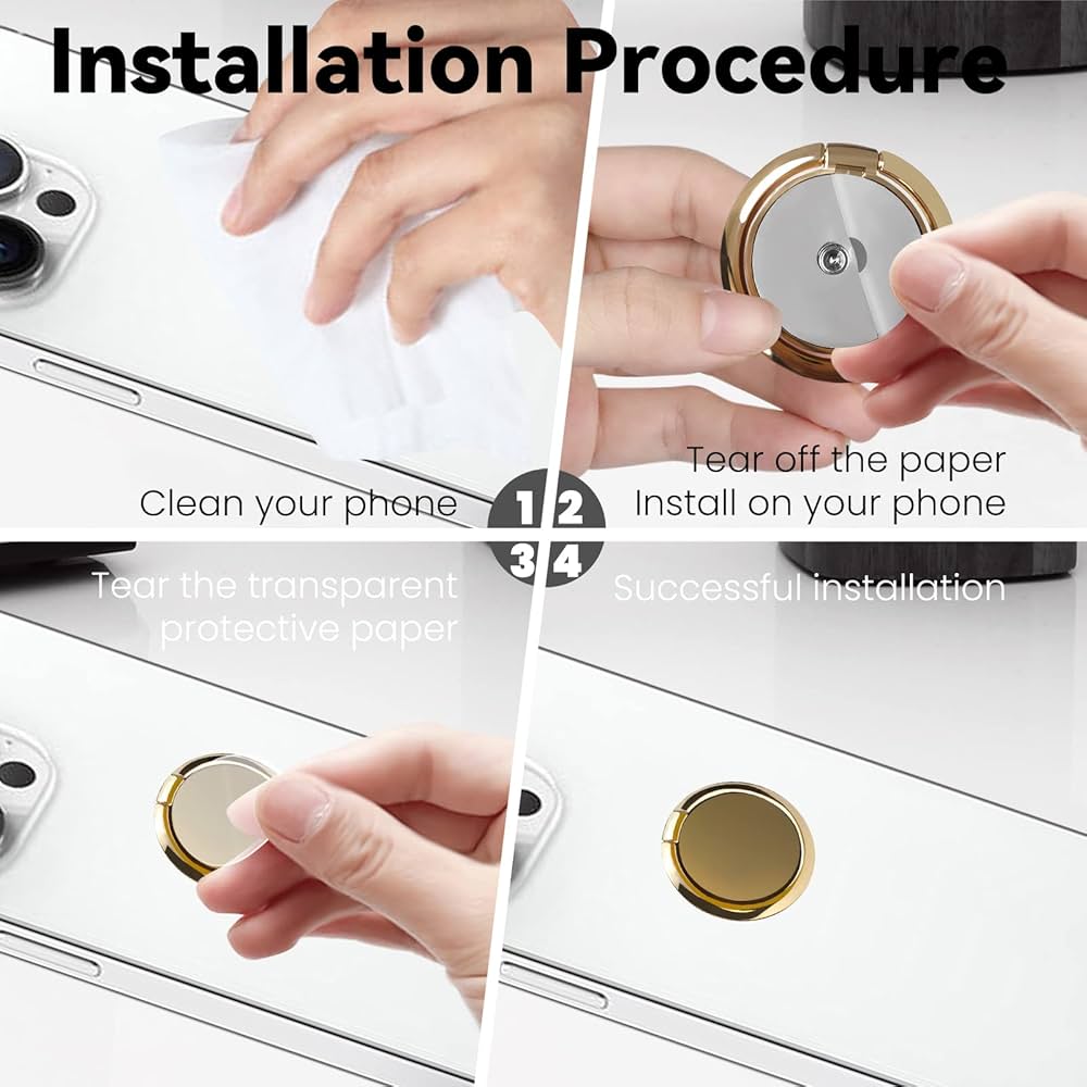 Gold phone ring holder stand with finger grip and kickstand, compatible with phone cases and back of phones.