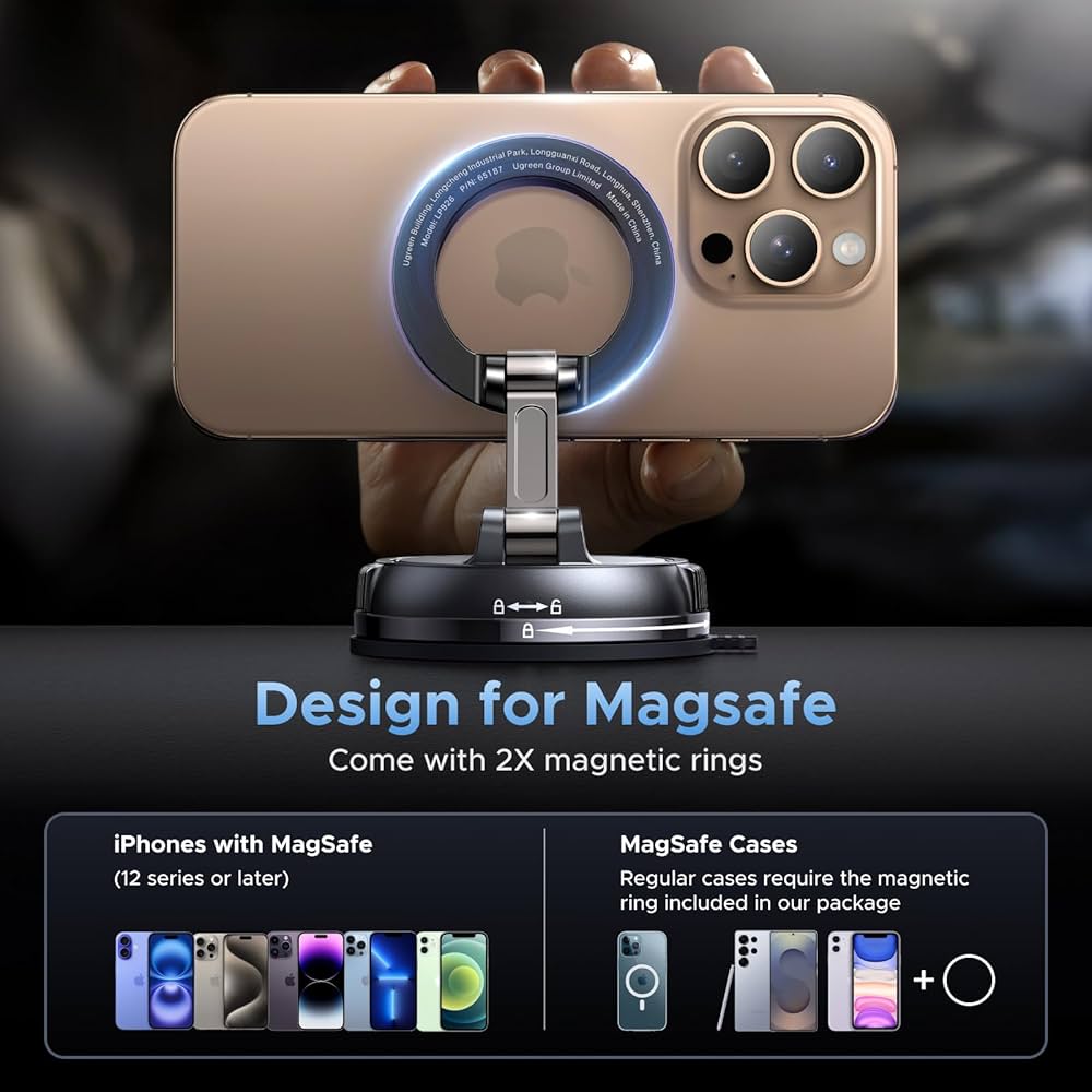 Problems Solved UGREEN MagSafe car mount with 2500gf magnetic phone holder, suction cup, and 360° rotation.