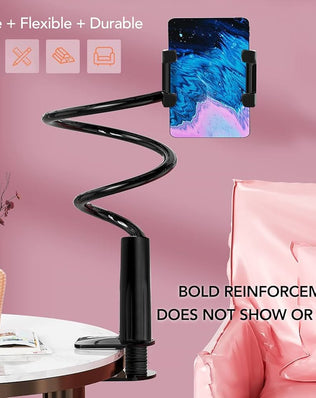 Problems Solved foldable cell phone and tablet holder with flexible arm and 360-degree clip mount for hands-free use.
