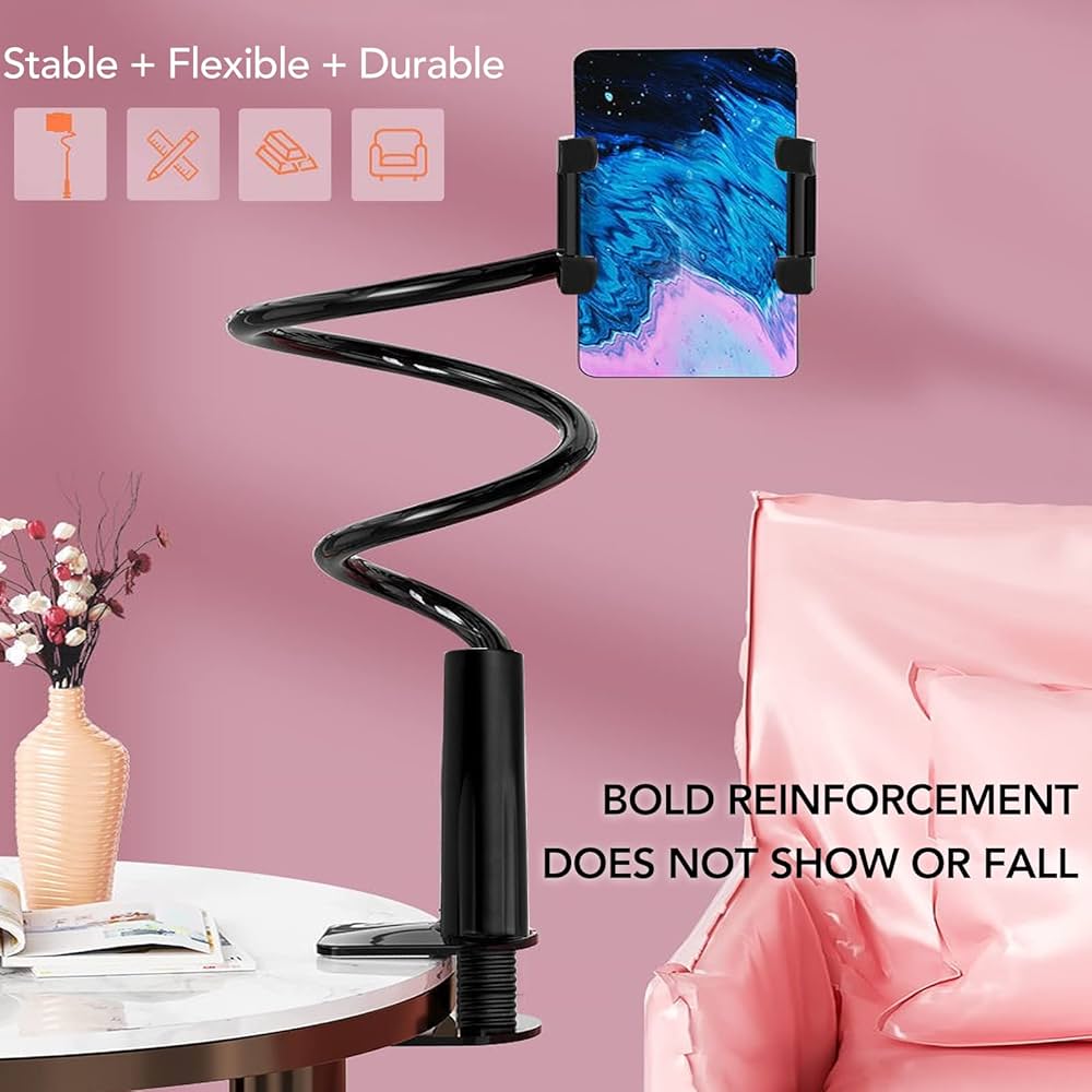 Problems Solved foldable cell phone and tablet holder with flexible arm and 360-degree clip mount for hands-free use.