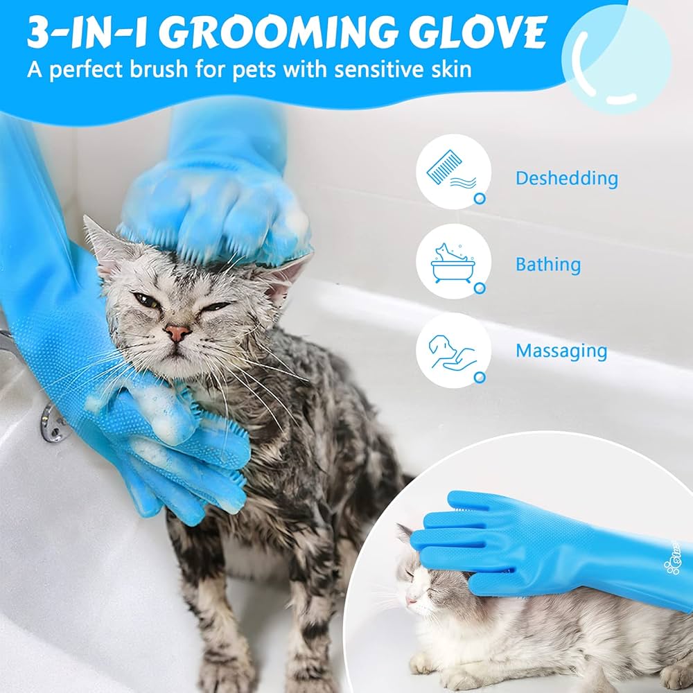 Pet Grooming Silicone Gloves (Blue) Dog Gloves with Silicone Hair Removal Gloves
