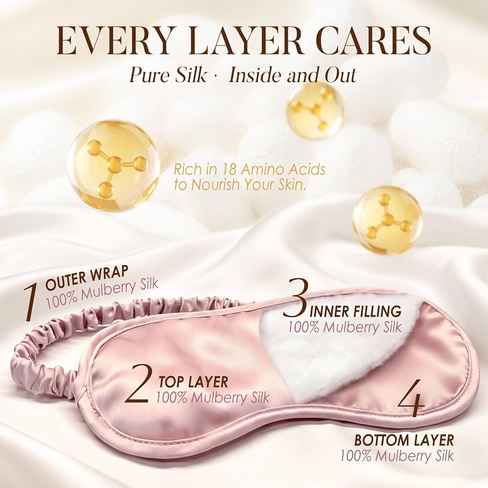 Problems Solved mulberry silk sleep mask with elastic band, soft eye mask ideal for sleeping, travel, and napping.