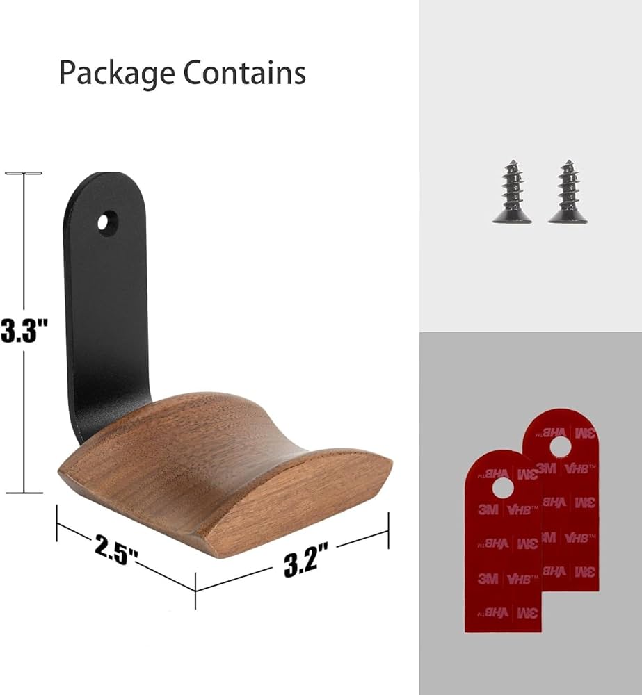 Problems Solved walnut headset holder with 6cm width headrest, headphone stand featuring 3M tape and screw for secure mounting.