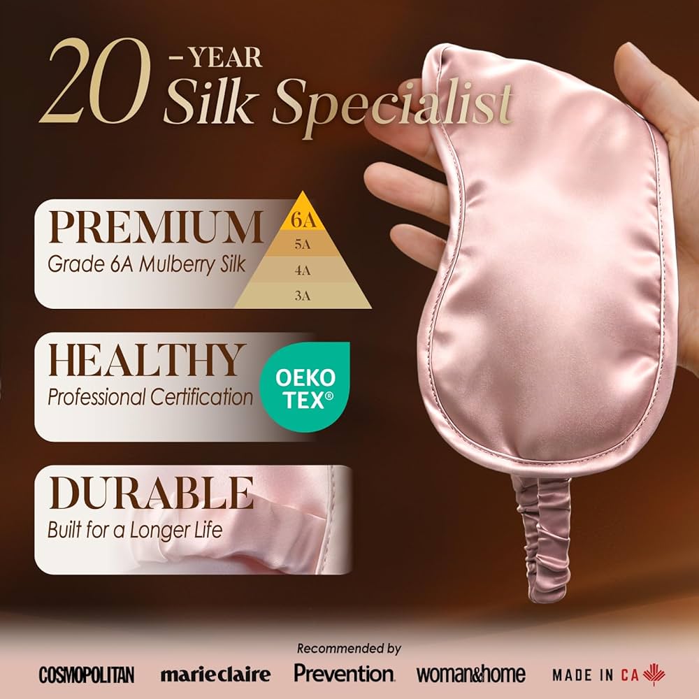 Problems Solved mulberry silk sleep mask with elastic band, soft eye mask for sleeping, travel, and napping.