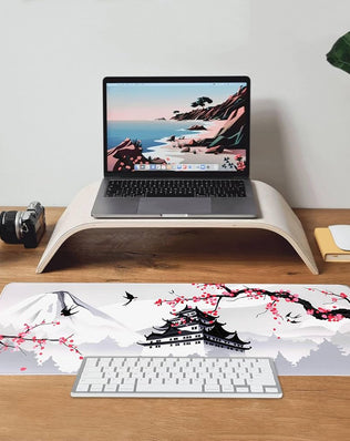 Problems Solved XXL large gaming laptop mouse pad with Japanese cherry blossom design in white, ideal for gaming and workspace use.