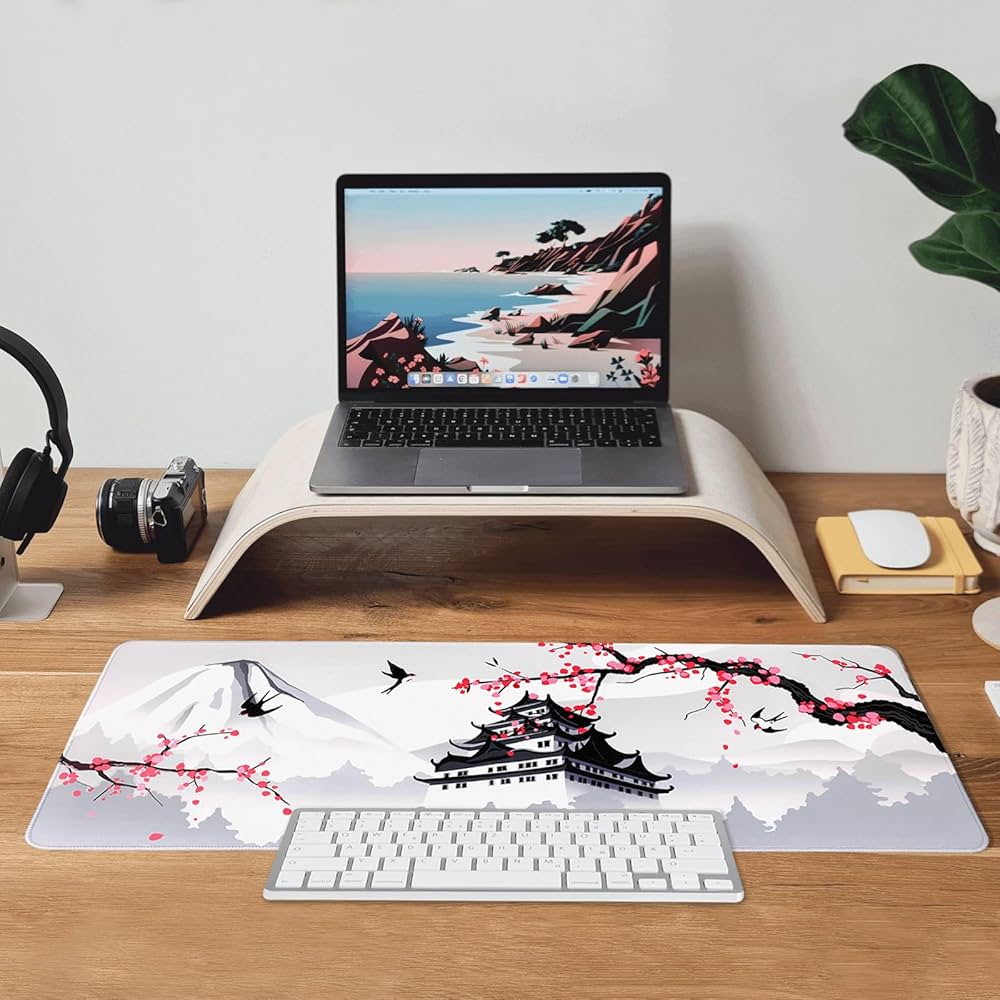 Problems Solved XXL large gaming laptop mouse pad with Japanese cherry blossom design in white, ideal for gaming and workspace use.