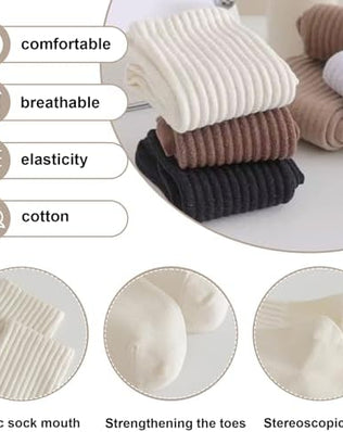 Six pairs of Problems Solved women's crew ankle socks made of breathable cotton, showing colorful striped and solid designs.
