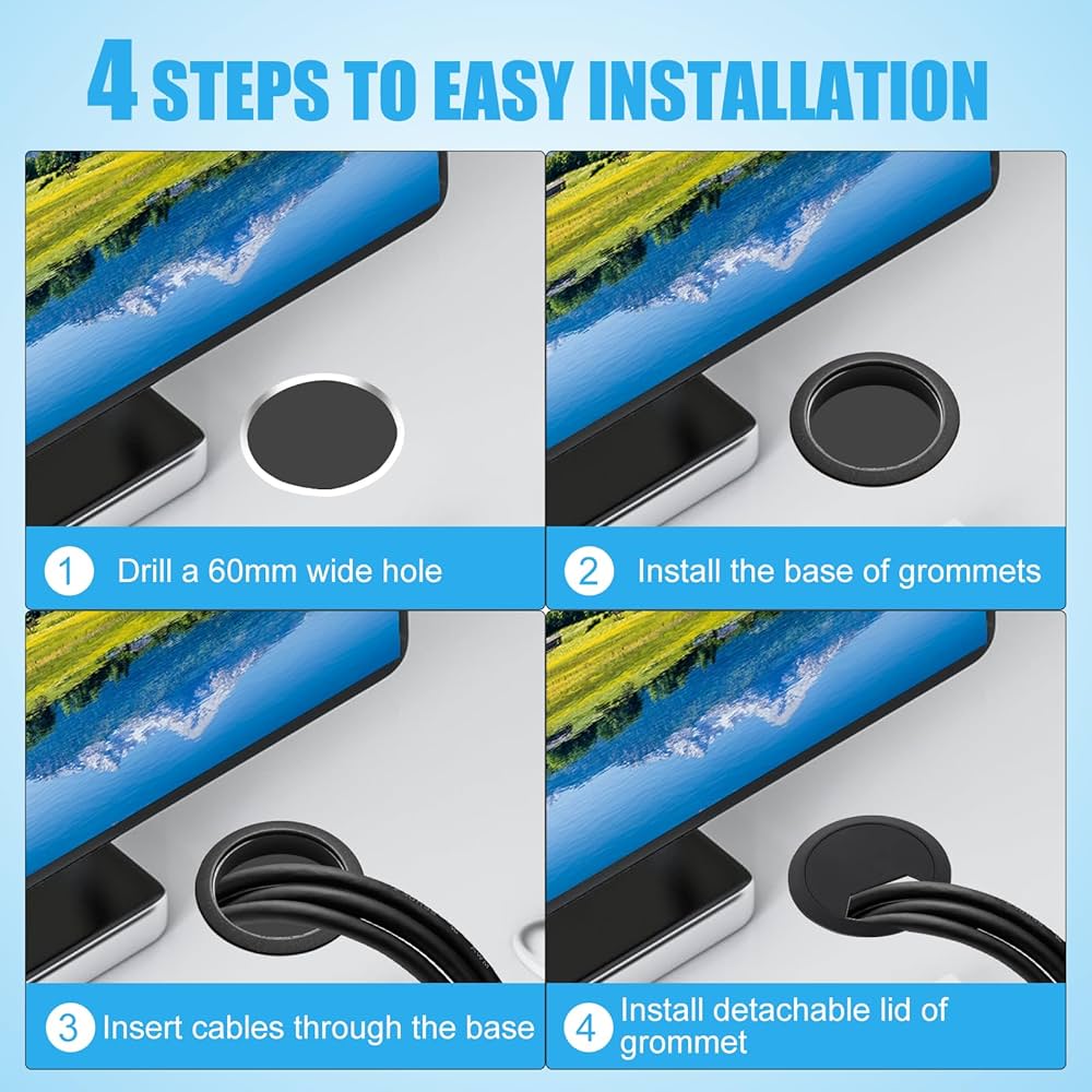 4 Pcs Desk Grommet 60mm Desk Cable Hole Black Plastic Worktop Cable Tidy