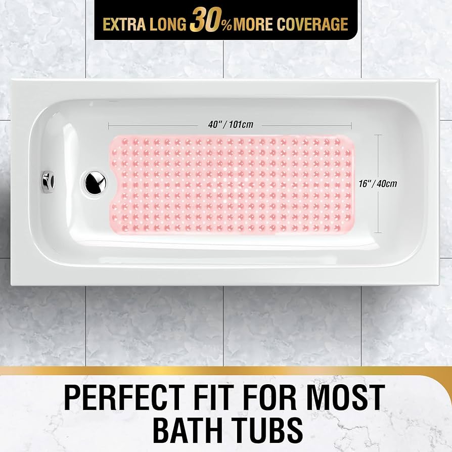 Problems Solved non-slip bath mat, 101x40 cm extra long shower mat with textured surface, BPA free, in neutral color.