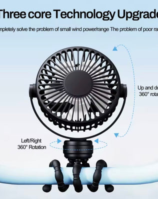 Mini portable pram fan by Problems Solved, rechargeable clip-on stroller fan with detachable design, ideal for cooling on the go.
