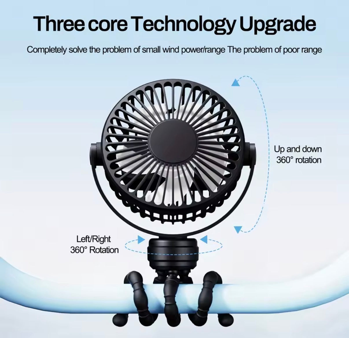 Mini portable pram fan by Problems Solved, rechargeable clip-on stroller fan with detachable design, ideal for cooling on the go.