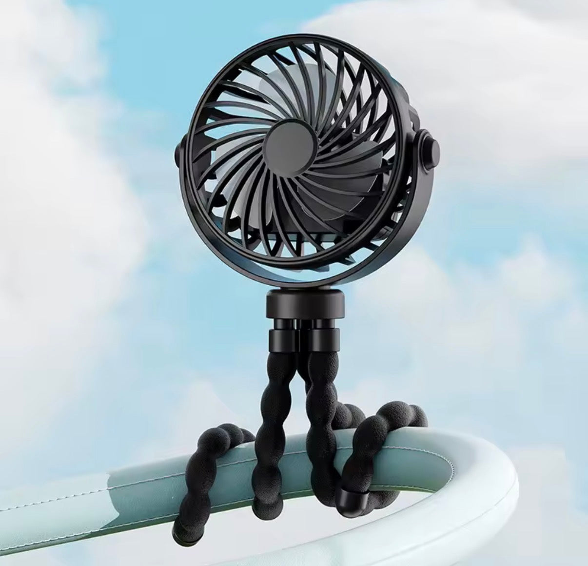 Problems Solved mini portable pram fan clipped on a stroller, rechargeable, small, and detachable for personal cooling.