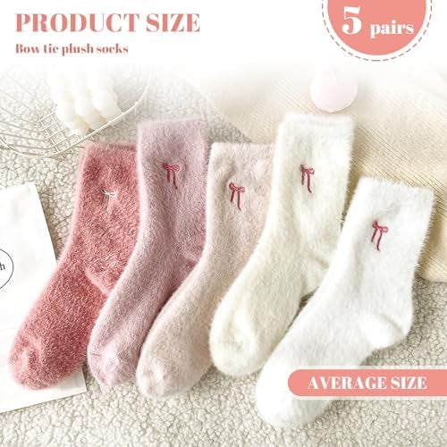 5 Pairs Soft Warm Socks for Women with Bow, Thick Winter Socks for Home