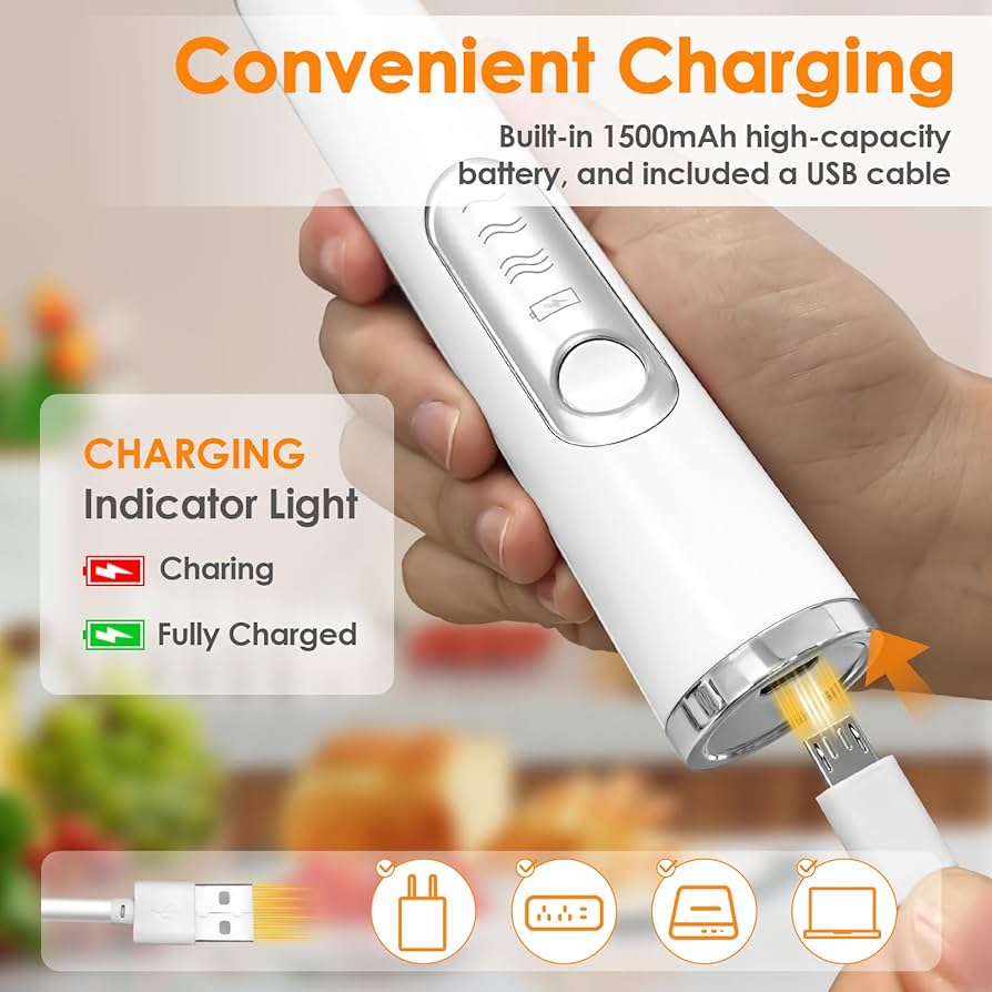 Problems Solved handheld rechargeable milk frother with two stainless steel whisks for creamy coffee foam.