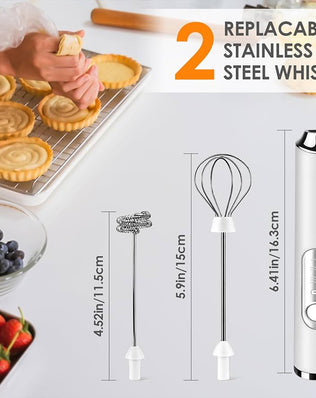Problems Solved handheld rechargeable milk frother with two stainless steel whisks, ideal for frothing coffee and hot beverages.