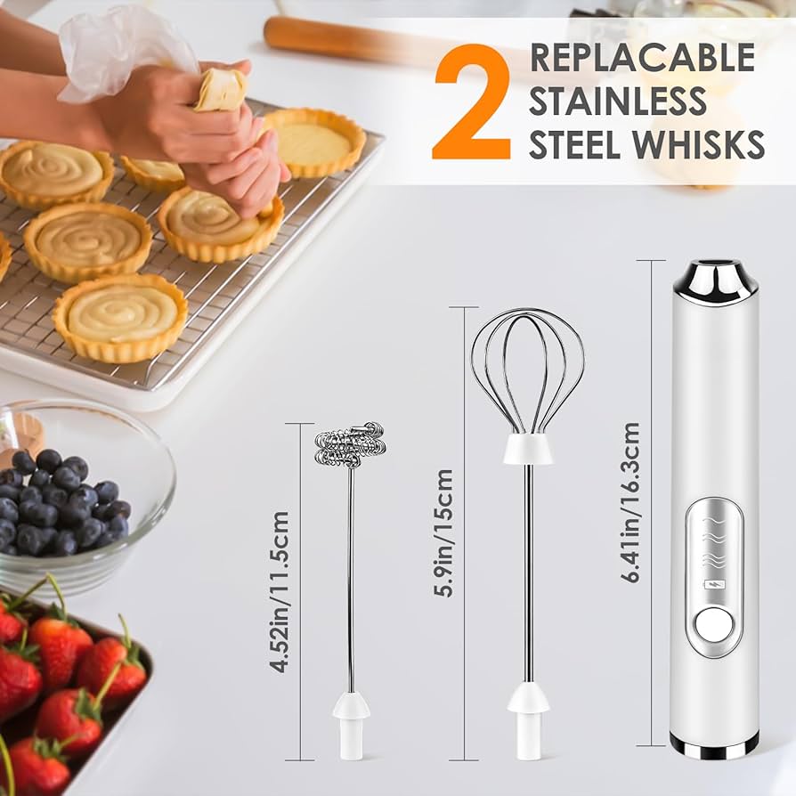 Problems Solved handheld rechargeable milk frother with two stainless steel whisks, ideal for frothing coffee and hot beverages.
