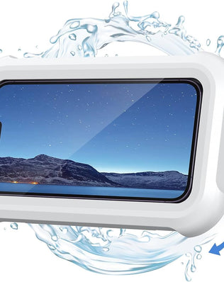 Waterproof shower phone holder by Problems Solved, wall mount with 480º rotation for secure phone placement in bathroom.