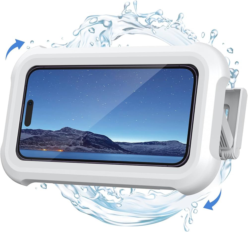 Waterproof shower phone holder by Problems Solved, wall mount with 480º rotation for secure phone placement in bathroom.