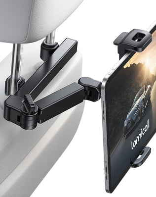 Problems Solved aluminium car headrest tablet mount with adjustable arm, holds tablet securely in vehicle for passengers.
