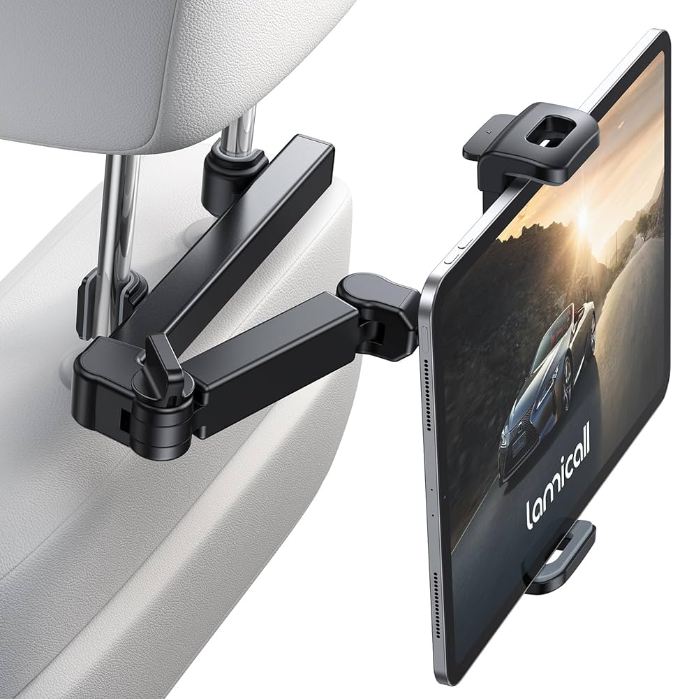 Problems Solved aluminium car headrest tablet mount with adjustable arm, holds tablet securely in vehicle for passengers.