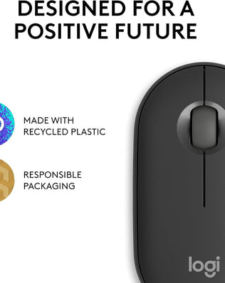 Logitech Pebble 2 M350s slim Bluetooth wireless mouse from Problems Solved, showing its portable, lightweight design on a surface.