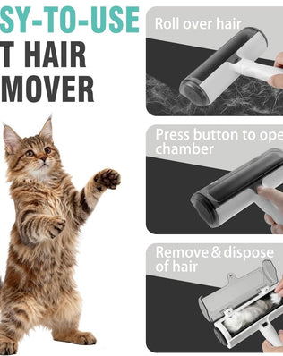 Problems Solved reusable lint roller for pet hair, washable cat and dog hair remover with extra sticky sheets in use.