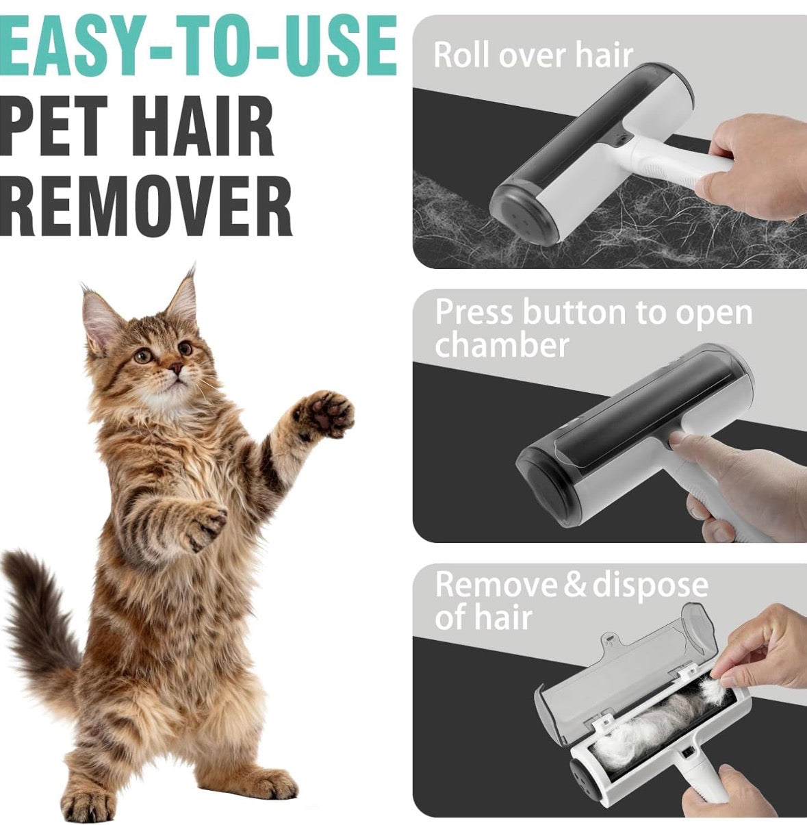 Problems Solved reusable lint roller for pet hair, washable cat and dog hair remover with extra sticky sheets in use.