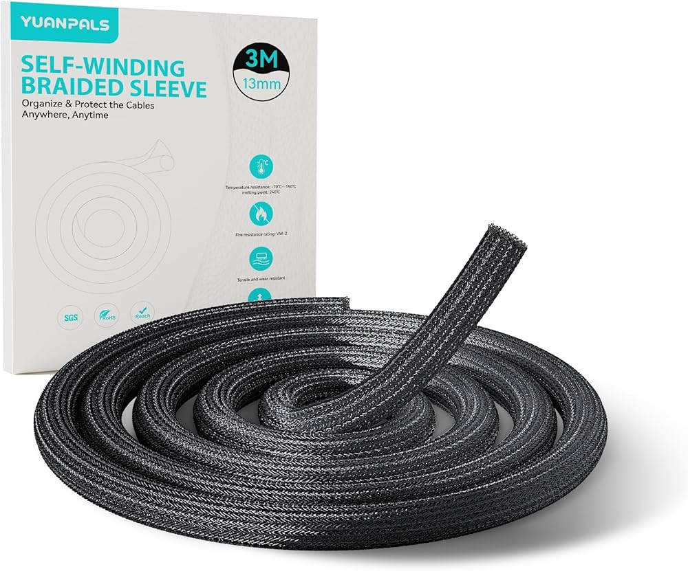 Problems Solved 13mm cable tidy sleeve, 3m length, for managing PC and TV cables with a flexible, protective cable management tube.