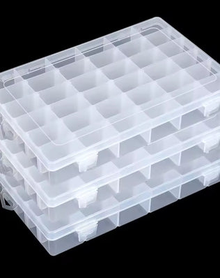 Transparent Plastic Storage Box with multiple compartments by Problems Solved, showcasing organization and clear visibility of stored items.
