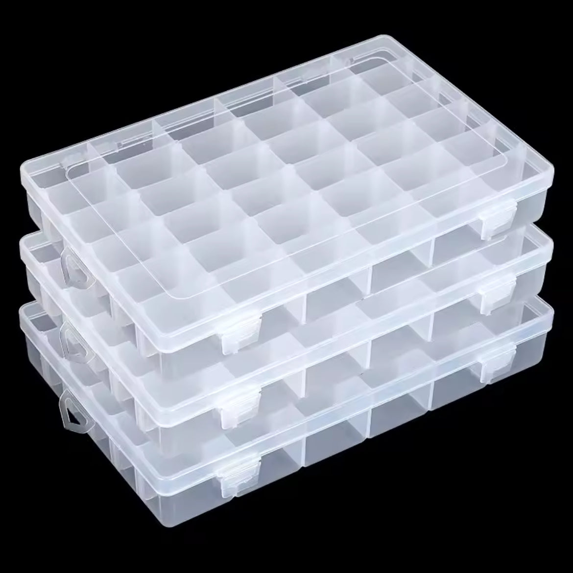 Transparent Plastic Storage Box with multiple compartments by Problems Solved, showcasing organization and clear visibility of stored items.