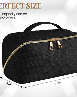 Leather waterproof cosmetic makeup bag by Problems Solved, portable and stylish for women, with a sleek design and secure zipper closure.