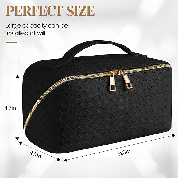 Leather waterproof cosmetic makeup bag by Problems Solved, portable and stylish for women, with a sleek design and secure zipper closure.