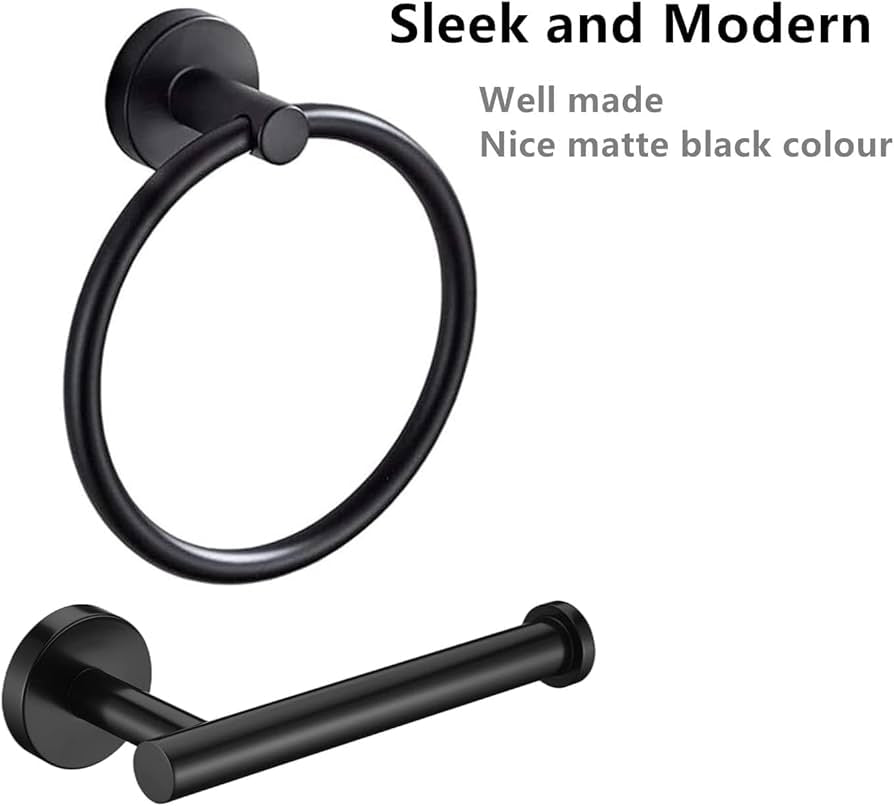 Towel Ring, Wall Mounted Toilet Paper Holder, 2 Pieces Classic Matte Black