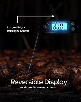 Problems Solved digital meat thermometer with backlight, wireless design for grilling and air fryer cooking, showing temperature display.
