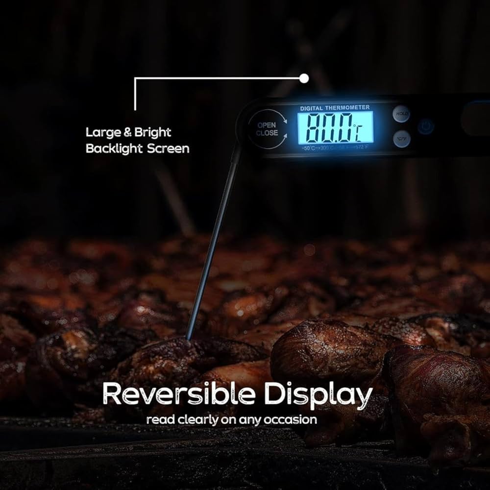 Problems Solved digital meat thermometer with backlight, wireless design for grilling and air fryer cooking, showing temperature display.