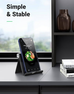 Problems Solved phone stand for desk, adjustable iPhone holder, modern design, holds mobile phones securely in a stable position.